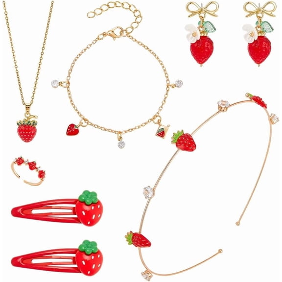 6pcs Strawberry Jewelry Set Strawberry Necklace Bracelet Strawberries Earrings Hair Clips Red Strawberries Rings Hair Bands Cute Fruit Accessories