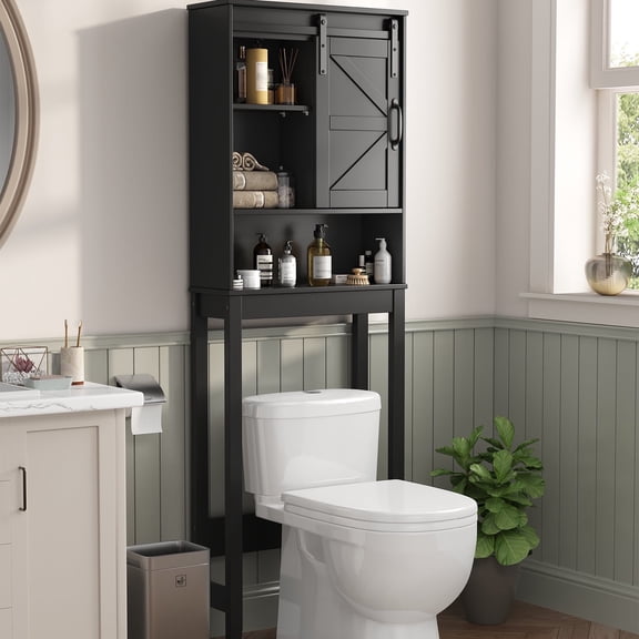 Over the Toilet Storage Cabinet, Waterproof Bathroom Shelf Organizer with Sliding Barn Door & 2 Adjustable Shelves, Home Space Saver for Bathroom, Living Room, Black