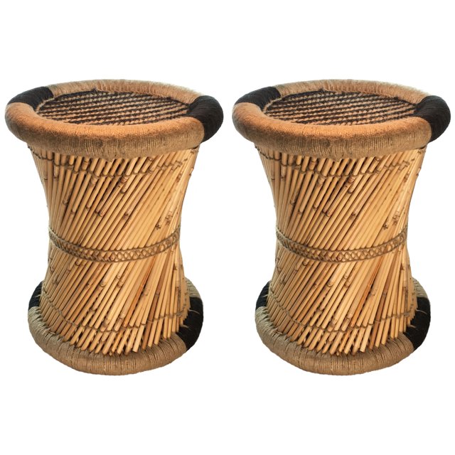 Natural Geo Tabouret d'Accent Moray (Ensemble de 2) - Tissé à la Main Rayé Noir