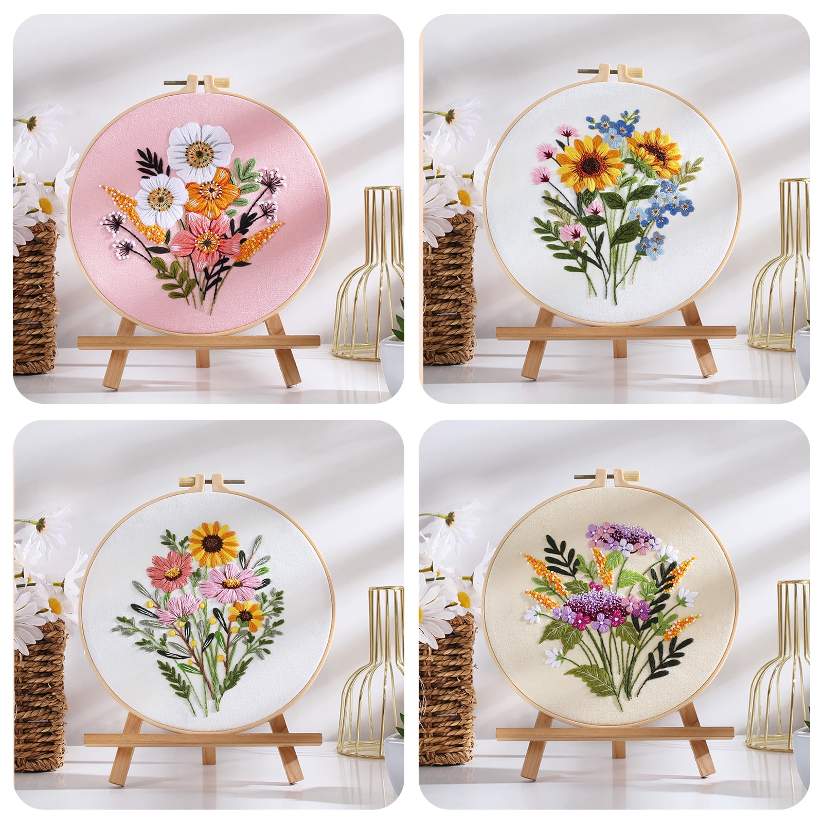 GIRACOA 4 Pack Embroidery Kits for Beginners Adults, Floral Bouquet Stamped Patterns, All-in-One Starter Set with 2 Hoops (7.87 Inch), Scissors, Threader, Seam Ripper & Instructions, DIY Craft Gift