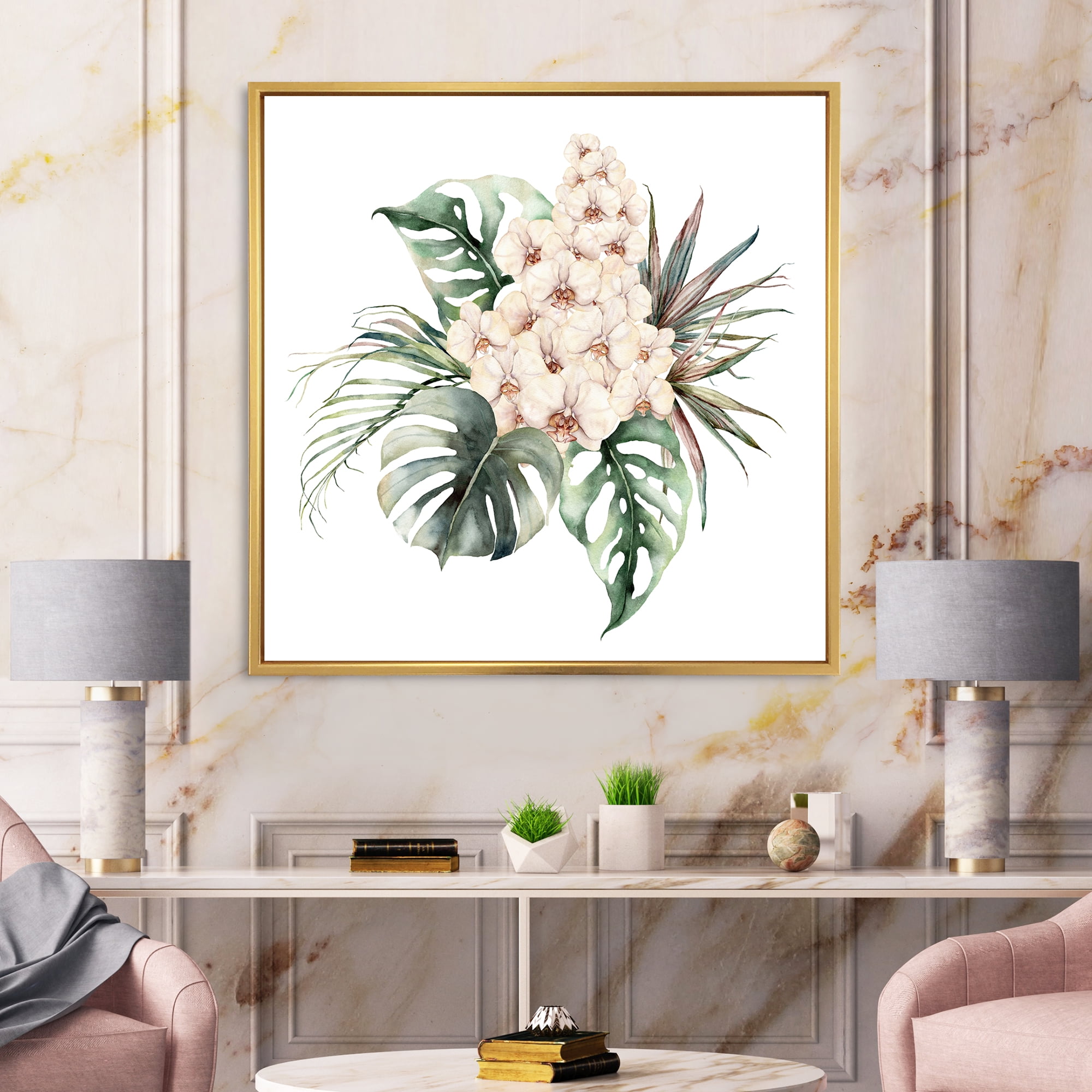 Designart 'Bouquet With Orchids Coconut Leaves and Monstera ' Traditional Framed Canvas Wall Art Print