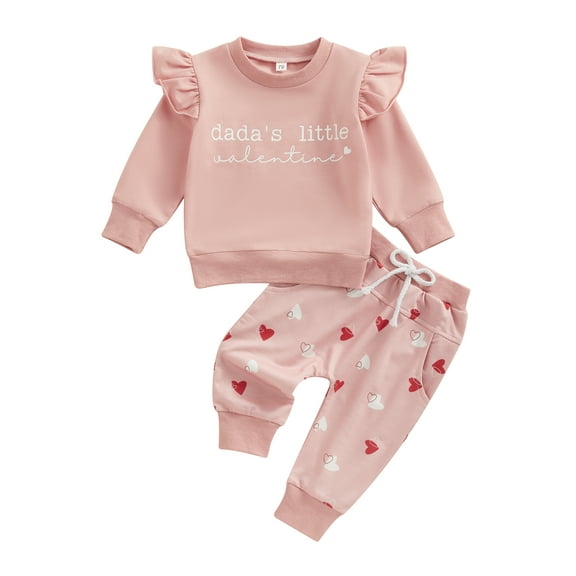 Valentines Day Baby Girl Outfit 6M 12M 18M 2T 3T Dada's Little Valentine Print Crewneck Sweatshirt Top and Heart Pants Clothes Set