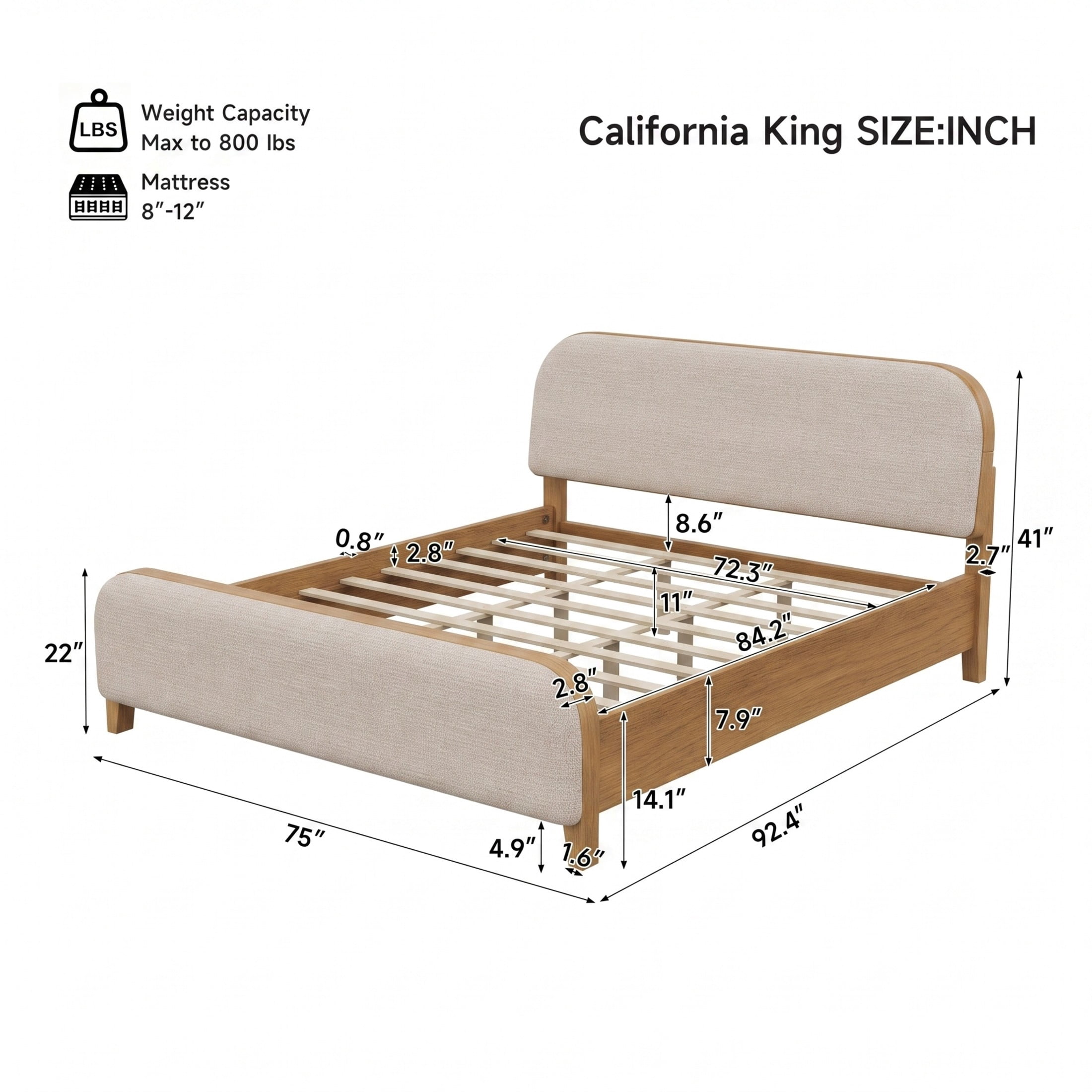 Christopher Knight Home California King Upholstered Platform Bed Frame, Rounded Headboard & Footboard, Natural+Taupe