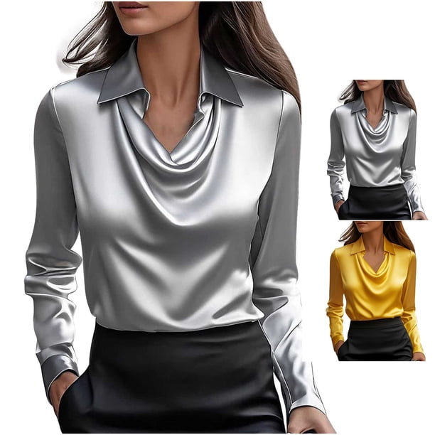 RKSTN Long Sleeve Shirts for Women Oversized Cowl Neck Dressy Drape Ruched Front Satin Silk Business Blouses Top Womens Casual Solid Plus Size Lapel Comfy Office Work Formal T Shirt Spring Clothes