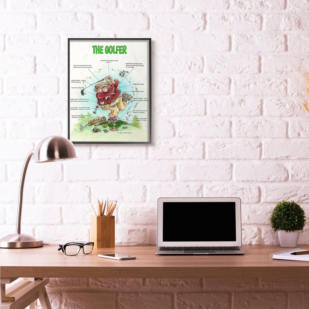 Stupell Industries The Golfer Funny Golf Cartoon Sports Design Graphic Art Black Framed Art Print Wall Art, 24x30, by Gary Patterson