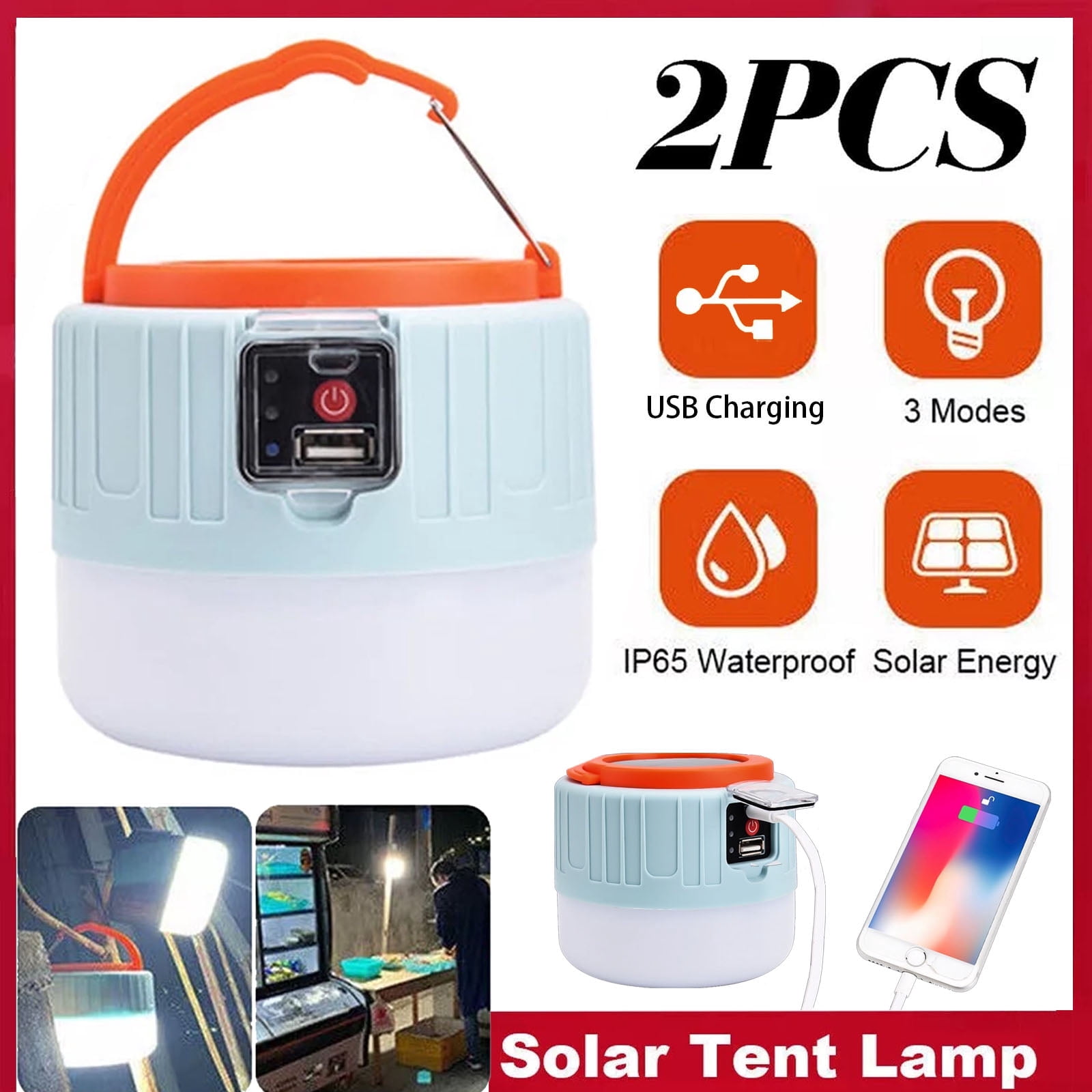 FAMKIT 2 Pack Camping Lantern, USB Rechargeable Outdoor Waterproof Solar Camping Lights for Hurricane Power Outages Home