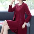 thumbnail image 4 of Quixlent 2 Pcs/Set Women Coat Dress Set Long Sleeve Flower Embroidered Mid Length Coat Sleeveless Solid Color V Neck Knee Length Dress Formal Elegant Style Lady Dress Coat Set, 4 of 7