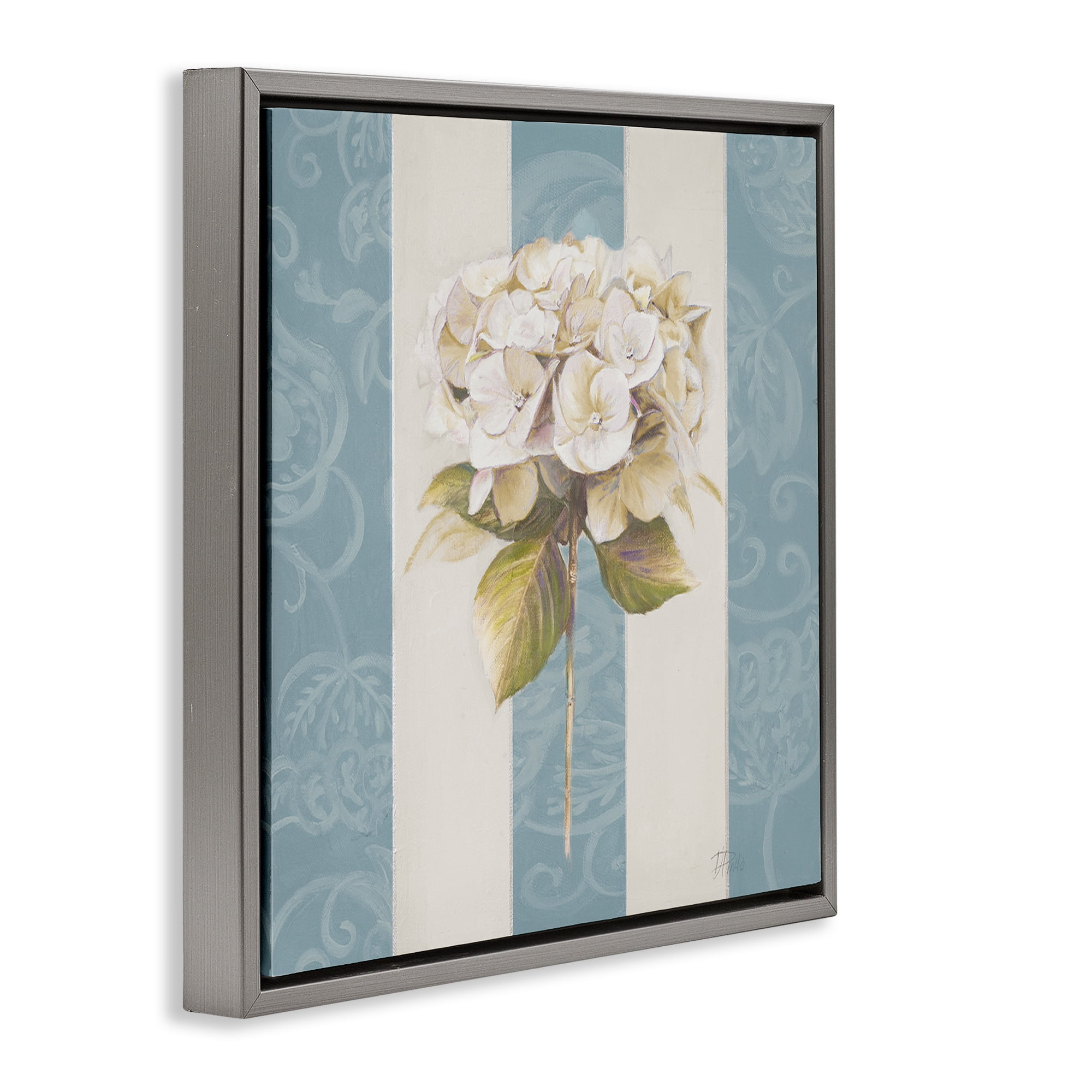 Stupell Industries Hydrangea Sprig on Stripes Plants & Flowers Painting Gray Floater Framed Canvas Art Print Wall Art, 18 x 18