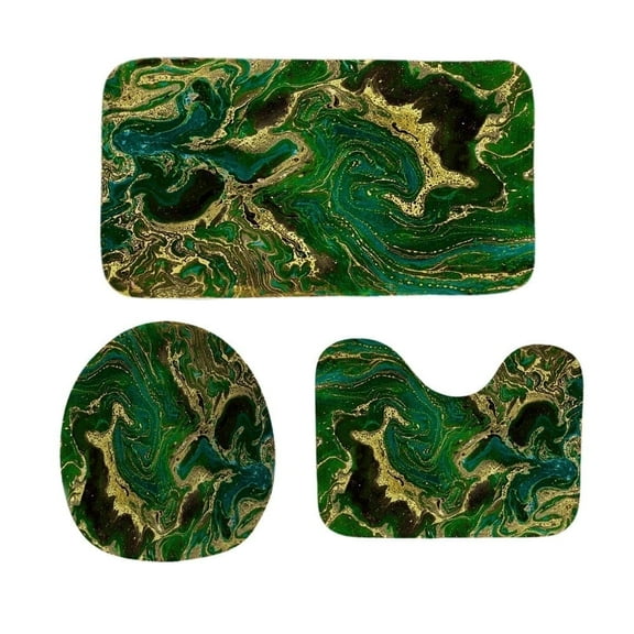 WEXIA  3 Piece Soft Comfortable Memory Foam  Modern Bath Rugs Green Gold Marbling Toilet Mats Non-Slip Absorption Machine Washable