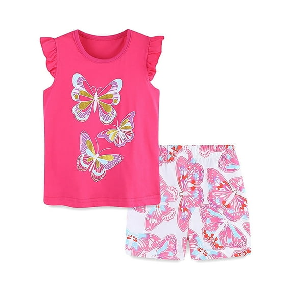 WIBACKER 2-7T Toddler Girls Summer Outfit 100% Cotton Short Sleeve Top and Shorts Clothing Set - Butterfly