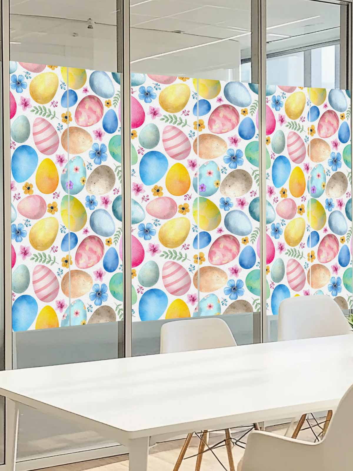 Easter Colored Eggs Window Privacy Film, Blue Pink Orange Flower Leaf Spring Frosted Glass Window Clings Static Cling UV Heat Blocking Reusable Door Sticker for Bathroom 23.6 x 59 Inch