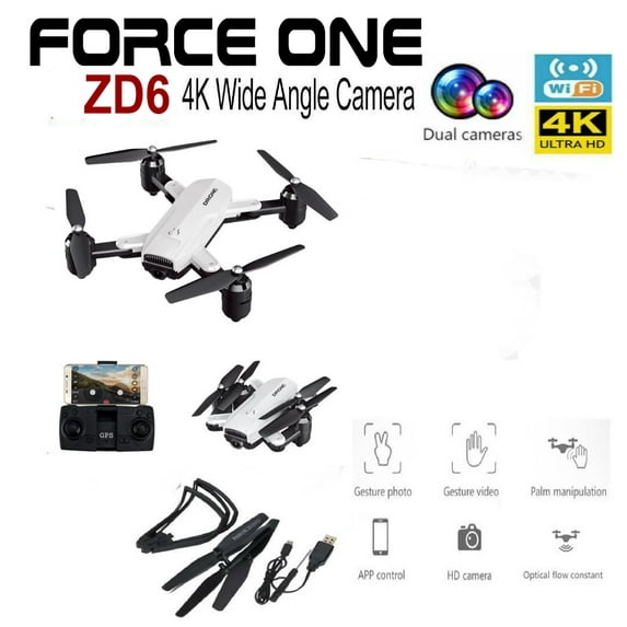 Force One ZD6 4K Wide Angle Camera Wifi FPV GPS Foldable RC Quadcopter Carry Case, White 1 Battery