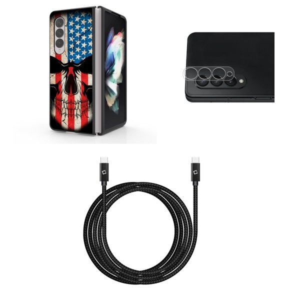 Accessory Bundle for Galaxy Z Fold 4: Slim Snap-On Case (American Flag Skull), Rear Camera Glass Protector, Nylon Braided USB-C to USB-C Cable (4 Feet)