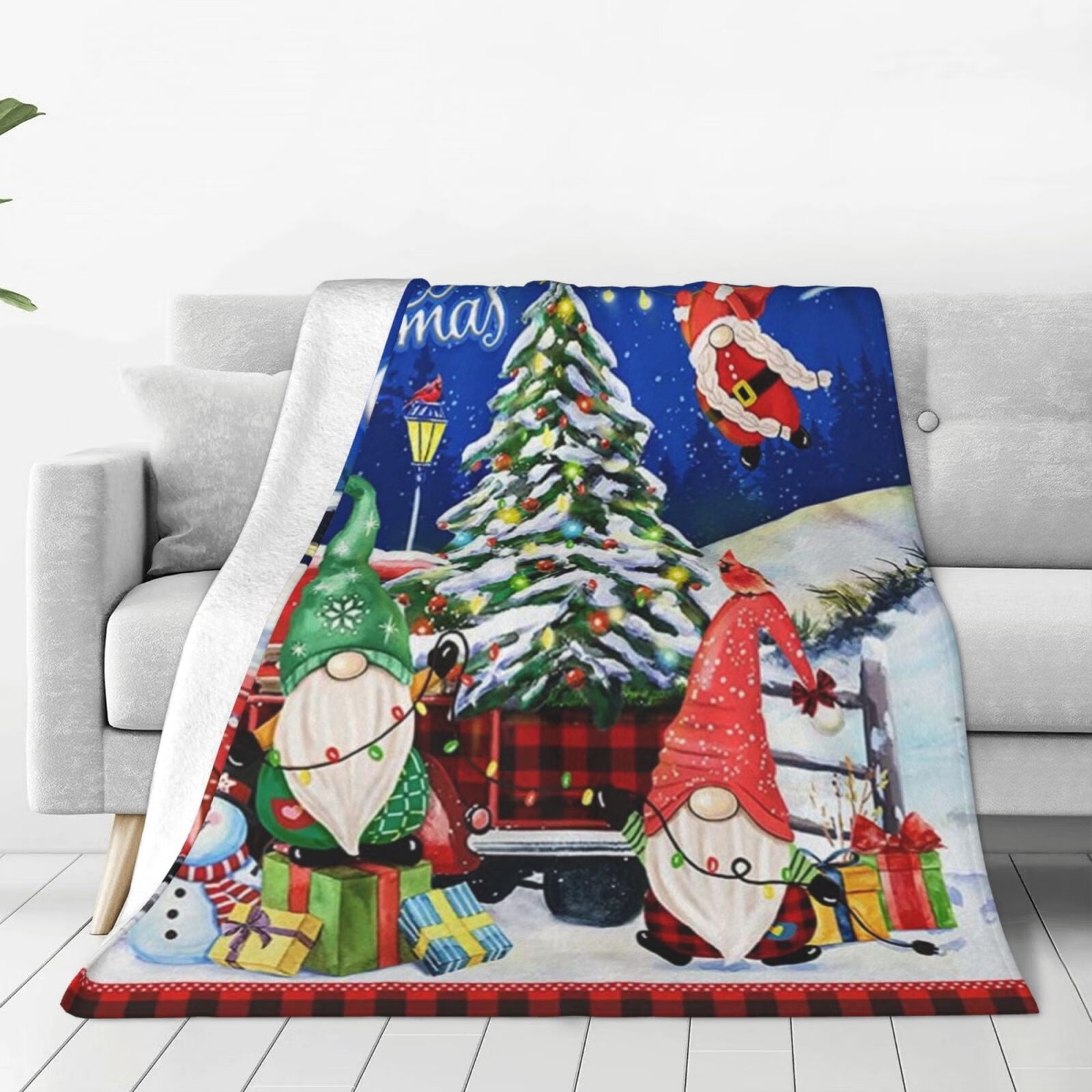 Christmas Blanket, Merry Christmas Tree Gnomes Throw Blanket, Red