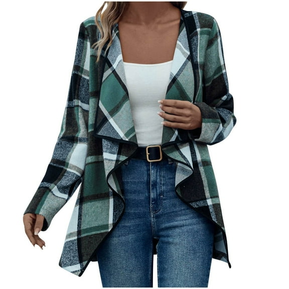 iOPQO Checkered Cardigan Open Front Cardigan for Women Spring Cardigan Long Sleeve Cardigan for Women Womens Open Front Cardigan Women's Outerwear Open Cardigans for Women Dark Green 3XL