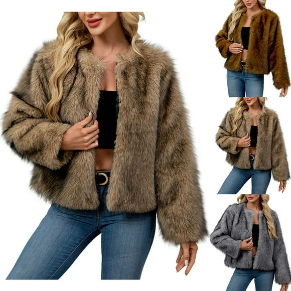 Lekwk Cropped Fuax Fur Coat for Women Daily Loose Furry Coats Short Button Round Neck Jacket Stylish Color Jackets Fall Winter Casual Thermal Outerwear