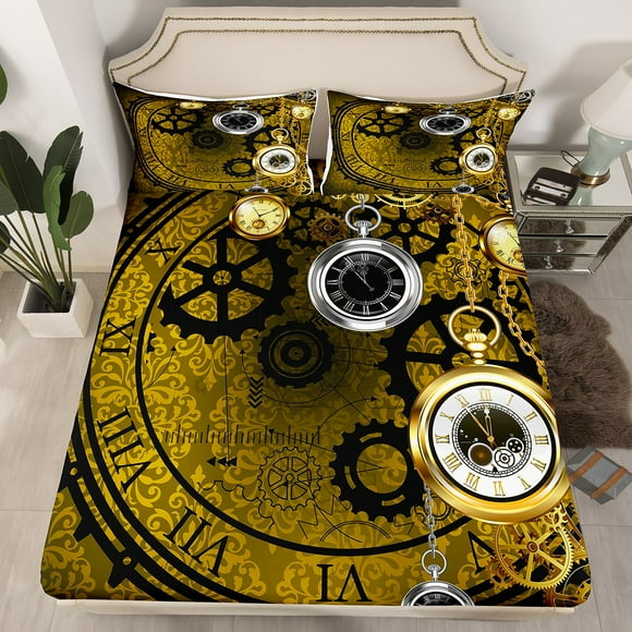 Clock Bed Sheets, Retro Steampunk Industrial Fitted Sheet Pocket Watches Bedding Set Antique Machine Time Pattern Illustration Fitted Bed Sheets Decorative Sheets Twin Size, Golden（No Top Sheet）