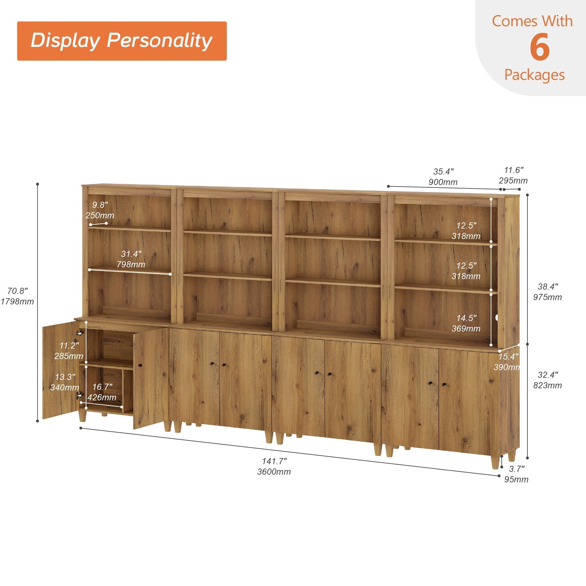 WAMPAT Modern 71" Tall Bookcase with Cabinets, 4 Columns 5-Tier，Oak Brown