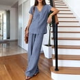 thumbnail image 6 of Women's V Neck Short Sleeve Top & Wide Leg Pants Set, Soft Nylon Spandex Loungewear, Casual 2 Piece Outfit with Stretchy Waist, for Relaxed Days, Work from Home, or | TruBelle,Dark Blue 2XL, 6 of 8