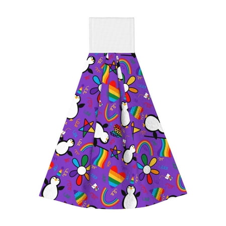 

Qekee Rainbow Lgbt Penguin Print Hanging Kitchen Towels Coral Velvet Wipe Hand Towel Absorbent Hand Towels Microfiber Tie Towel for Bathroom Kitchen Decor