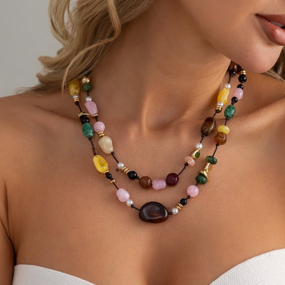 NICKSUN Double Layer Dopamine Multicolor Irregular Beaded Necklace, Handmade Braided Rope Natural Stone & Faux Pearl Stackable Collarbone Necklace for Women Vintage Boho Statement Jewelry