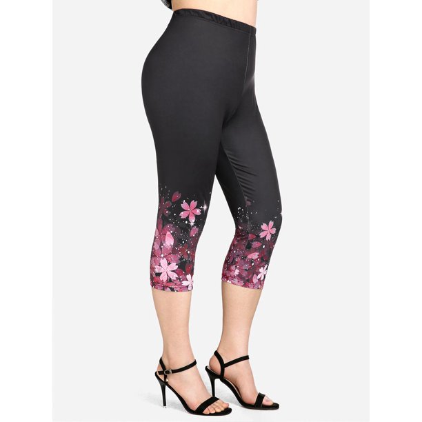 Leggings Capri Cintura Alta Estampado Floral Tamaño Plus Rosegal Leggings de talla grande