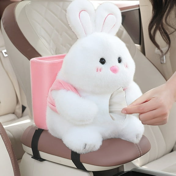 HHGBAD Multifunctional Car Tissue Box & Waste Basket | Cute Doll Design, Fleece | Armrest Storage for Most Cars