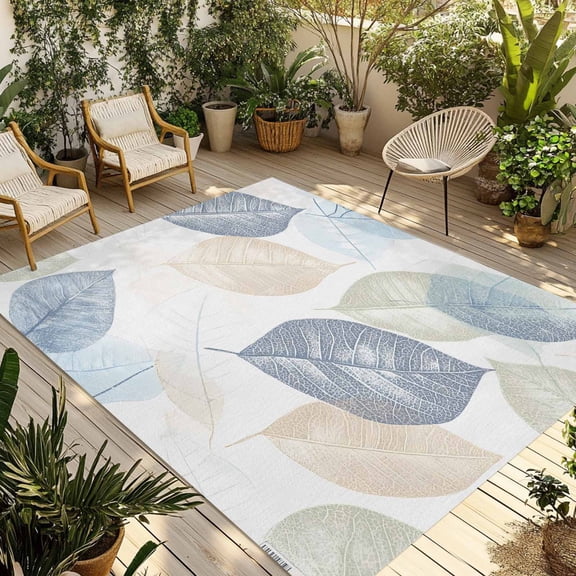 Blue Green Orange Leaves Outdoor Rug 3x5 Ft - Reversible Patio Rug Outdoor Camping Rugs, Spring Watercolor Botanical Washable Indoor Outdoor Area Rugs, Non-Slip Outdoor Carpet Runner for Deck/Porch