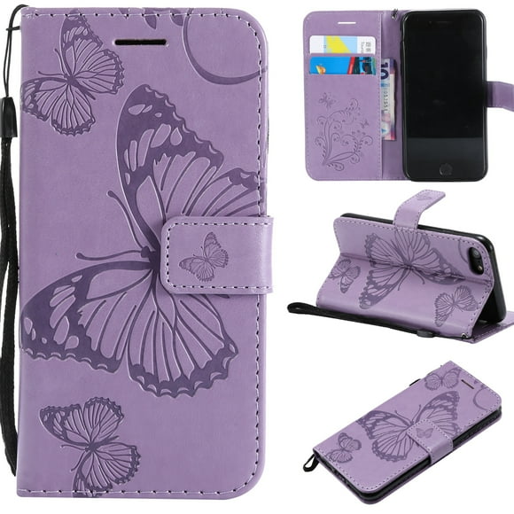 iPhone SE 2020 Case, iPhone 8 Wallet Case, iPhone 7 Case, Dteck Embossed Big Butterfly Magnetic Flip PU Leather Folio Stand Case Cover Built-in Card Slots & Money Pocket, with wrist Strap, Purple