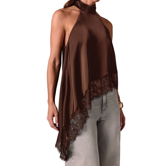 Women'S Y2k Halter Mock Neck Sleeveless Top Lace Asymmetrical Hem Going Out Tank Tops Dark Brown XS