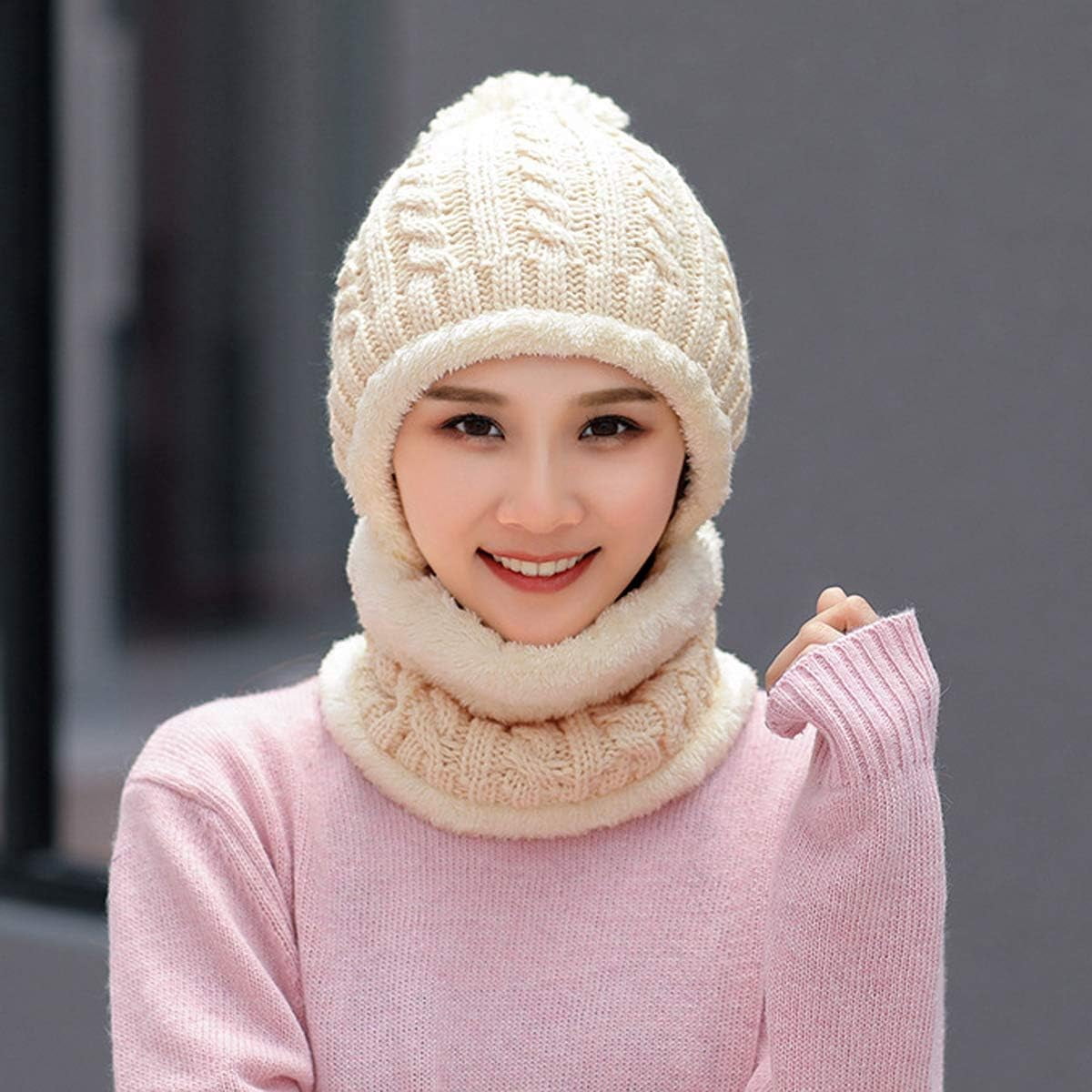 YooGuoGuo Women Winter Beanie Hats One Piece Fleece Lined Knit Balaclavas Mask Set Skull Neck Circle Scarf Ski Snow Hat Pompom