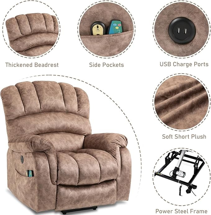 EPICOZY Large Power Lift Recliner Chair for Elderly Big Tall Man, Overstuffed Heated Massage Wide Electric Recliners with Extended Footrest, 2 Remote Controls, Side Packets & USB Ports, Fabric Brown