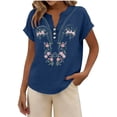 thumbnail image 4 of Embroidered Cotton Linen Shirts Dressy Boho Blouses Boho Casual Tops Short Sleeve Plus Size Boho Gauze Tops Comfy Cotton Linen T-Shirt Floral Embroidered Boho Tops Teacher Loose Tunics Blue Xl, 4 of 9