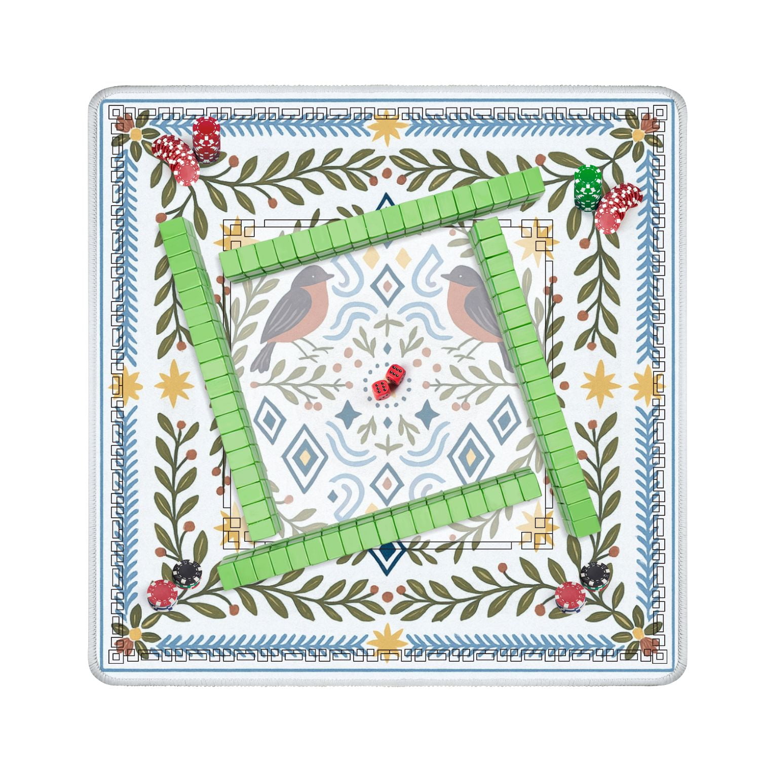 Mahjong Mat 31.5" x 31.5" Floral Bird Geometric Accents Earthy Tones Anti-Slip and Noise Reduction Symmetry Design Mahjong Tiles Table Cover for Dominoes Poker Card Board and Tile Games
