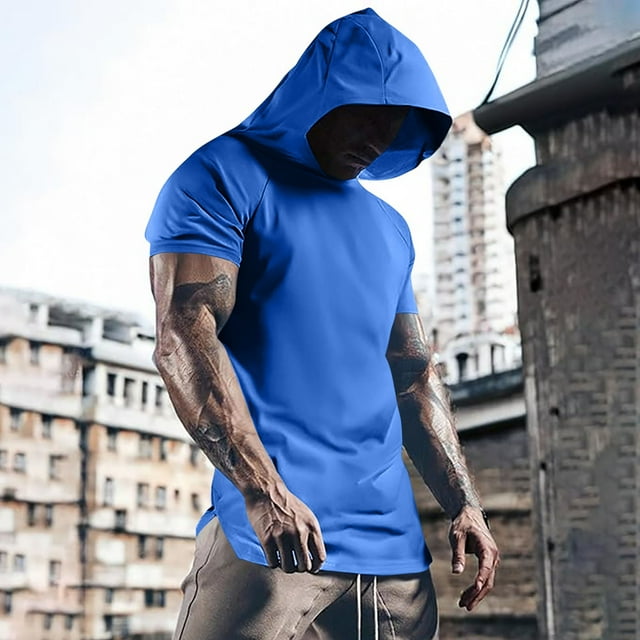 Blusa de manga corta con capucha para hombre, informal, de verano, de color liso, con cuello redondo, de manga corta, con capucha, fina, transpirable, de poliéster.