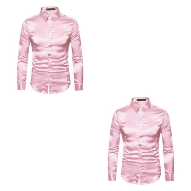 Sonducket Camisa transpirable para hombre Satén con mangas largas - Trabajo Boda o hogar Camisa para hombre Manga larga formal Rosa grande rosa S 2piezas