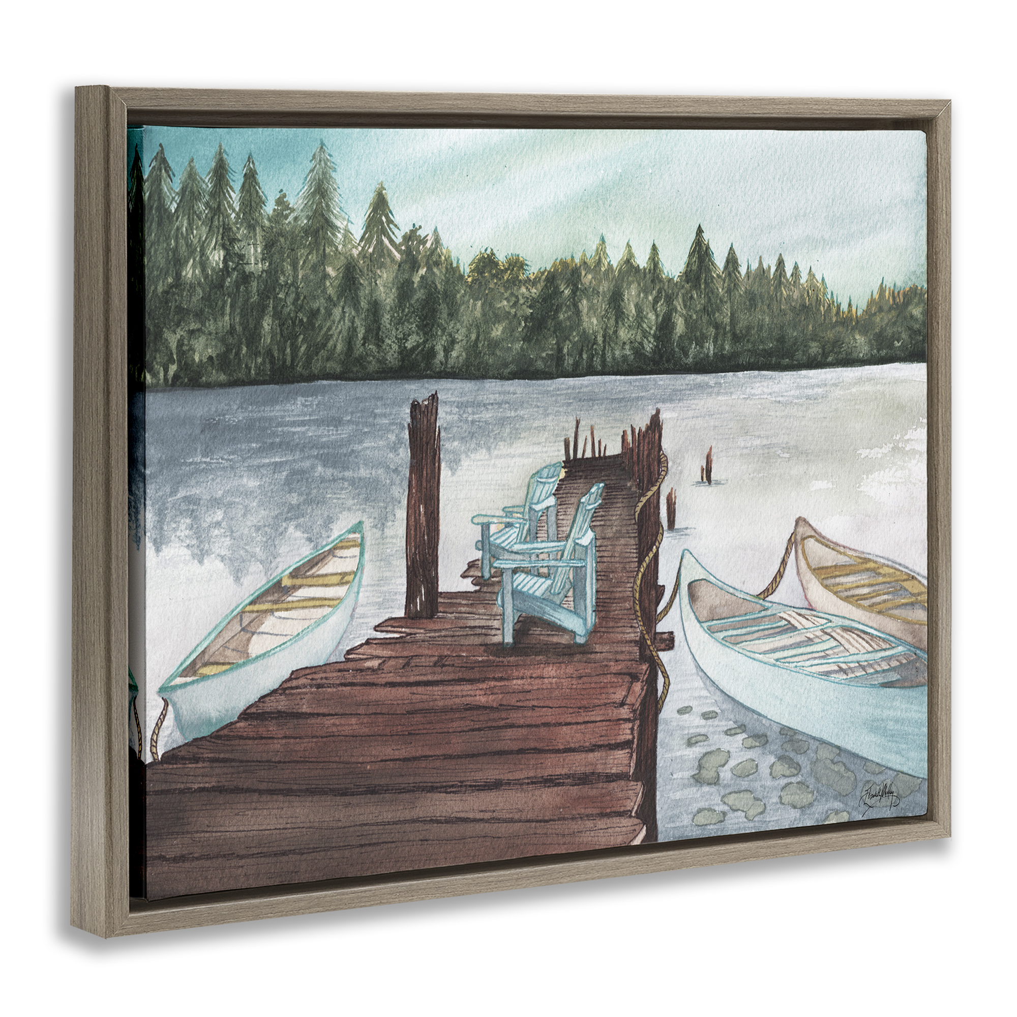 Stupell Industries Canoes at Lake Dock Landscape Painting Brown Floater Framed Canvas Art Print Wall Art, 31 x 25
