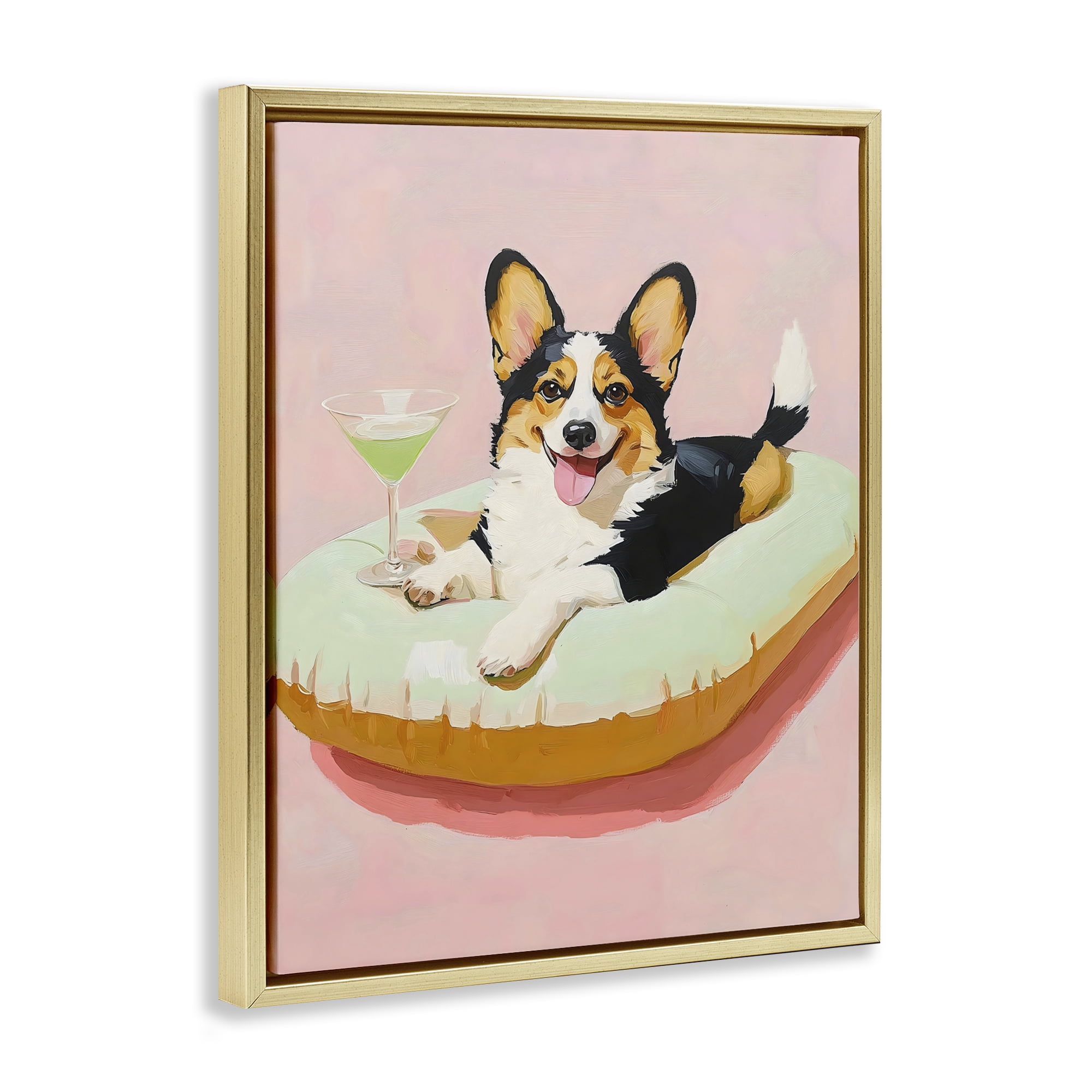Stupell Industries Pastel Corgi with Cocktail Gold Framed Floater Canvas Wall Art, design by The Prints Vibe