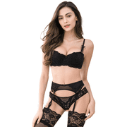 Varsbaby Women Push Up Bras Set Lace Lingerie Bra and Panties and Garter and Stocking 4 piece