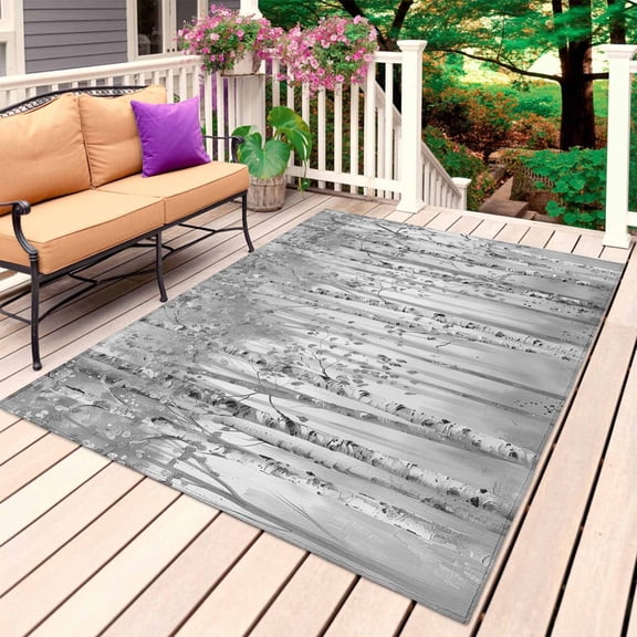 Gray Grey Forest Outdoor Rug for Patio/Deck/Porch, Non-Slip Large Area Rug 5 x 7 Ft, Grey Modern Art Oil Painting Indoor Outdoor Rugs Washable Area Rugs, Reversible Camping Rug Carpet Runner