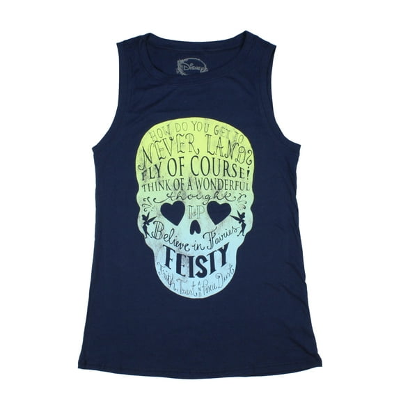 Disney Women's How Do You Get To Neverland Skull and Tinkerbell Adult Junior's Muscle Tank Top