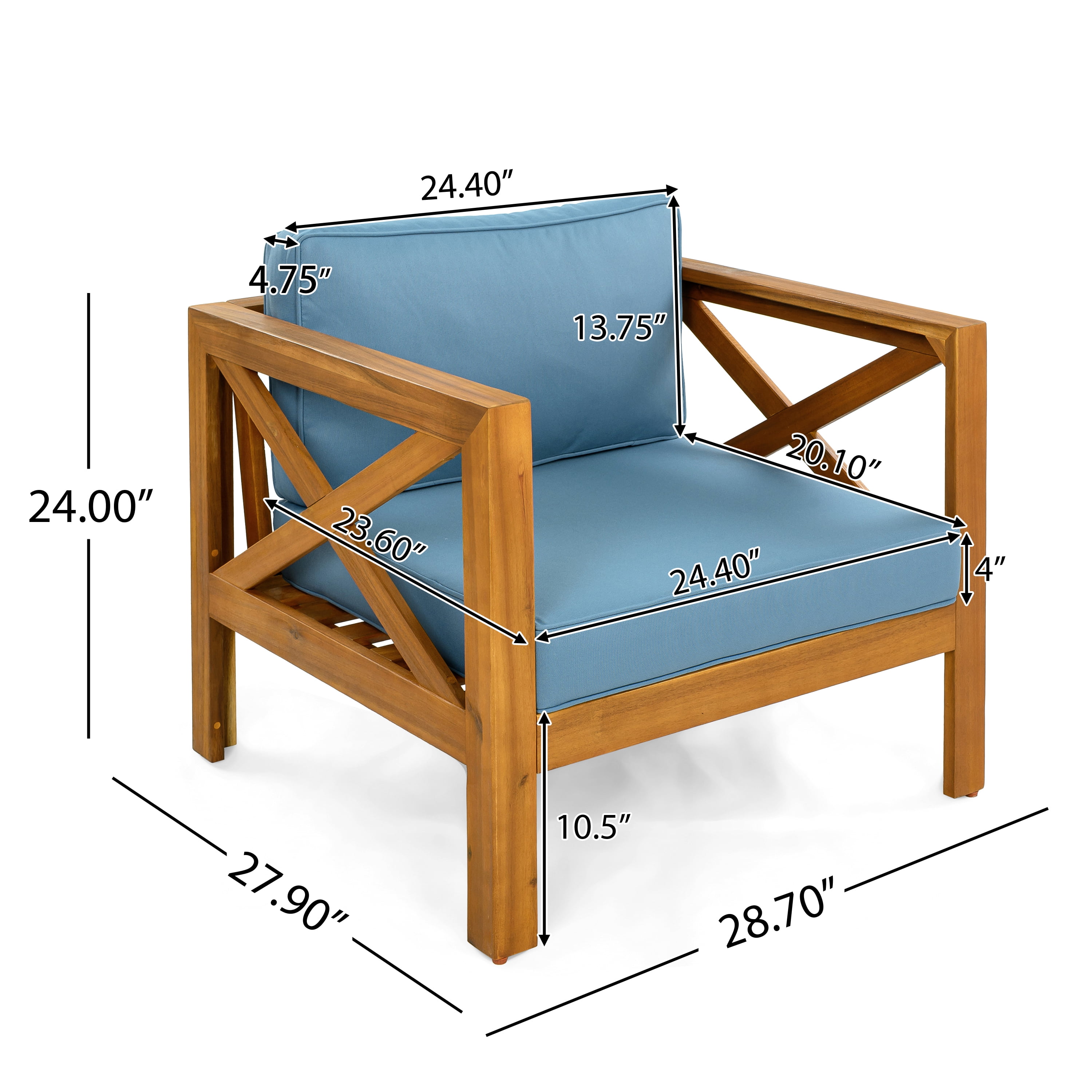 Wooden Armchair Set of 2, Outdoor Acacia Wood Club Chair with Cushions for Patio Garden, Teak and Blue