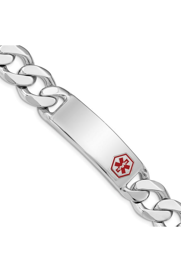 White Sterling Silver bracelet Medical Curb Red 8 in 14 mm