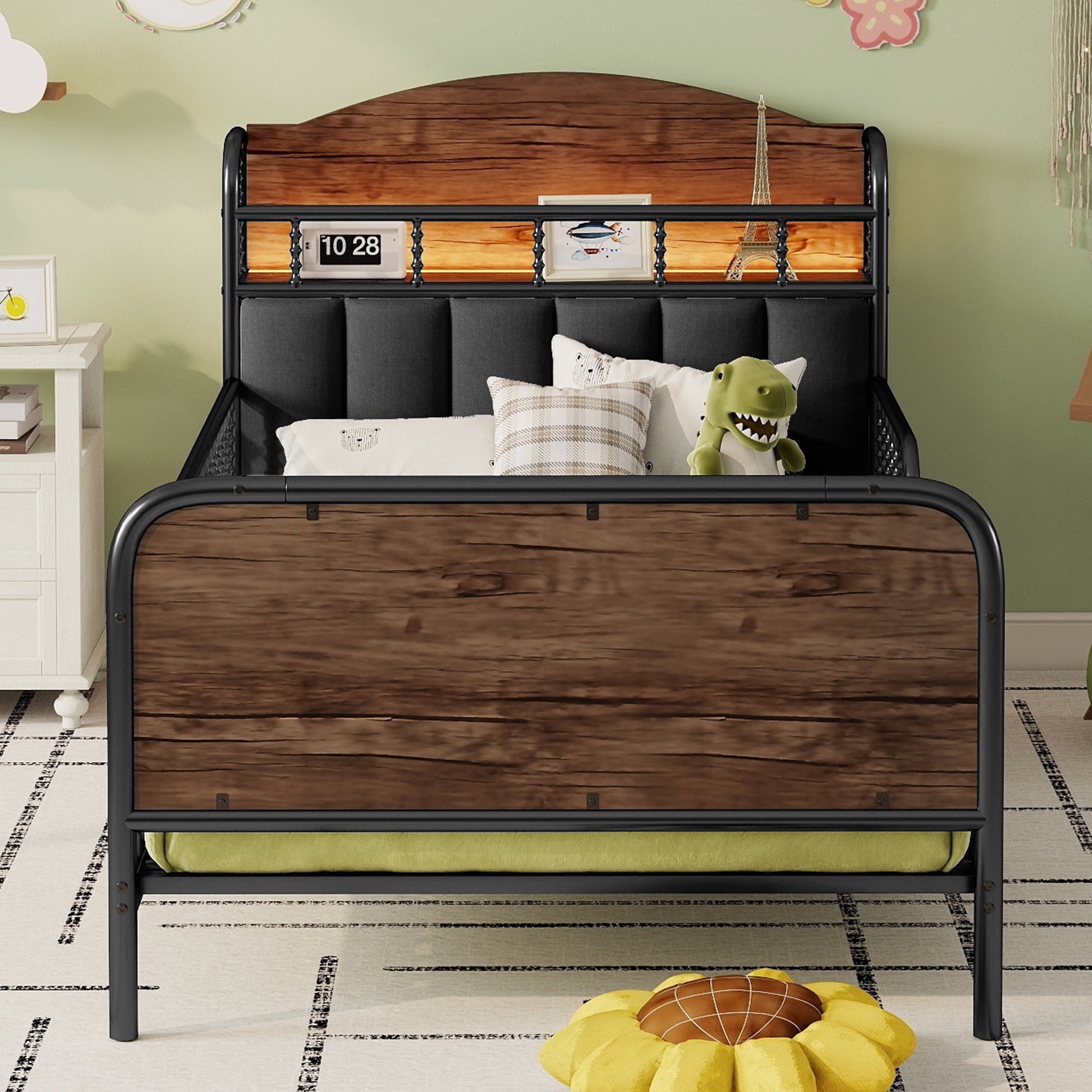 Euroco Metal Twin Size Platform Bed with Upholstered Headboard, Storage Shelves and LED Light, Black