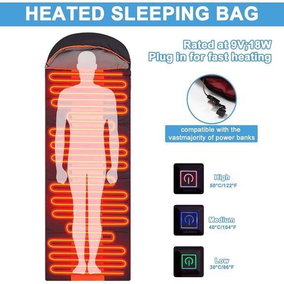 Heated Sleeping Bag for Adults, Electric Warm Bag with 3 Adjustable Heating Levels, USB Powered Heating Pads Adjustable Hood, 0 Degree Sleeping Bag Keep Warm for Cold Weather Camping Outdoor Hiking