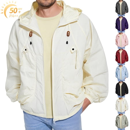 Homeyce Men s Windbreaker Jackets Lightweight Zip Up Waterproof Jackets with Pocket Summer Casual Outdoor Loose Coat Sun Protection Long Sleeve Sun Shirts Beige 3XL
