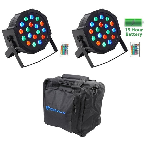 (2) Rockville BATTERY PAR 50 Rechargeable LED DMX DJ Wash Up-Lights Remotes Bag