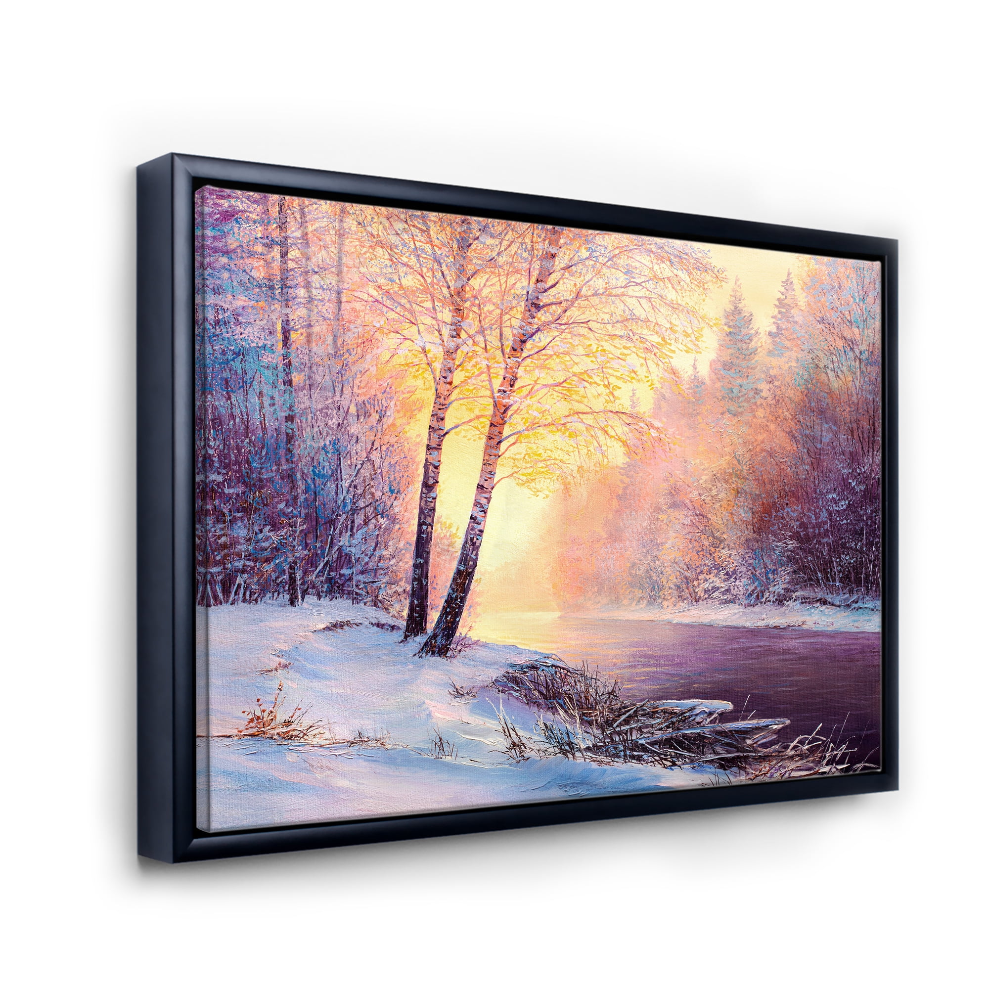 Designart 'Bridge Of Meandering River With Winter Scenery II' Lake House Framed Canvas Wall Art Print