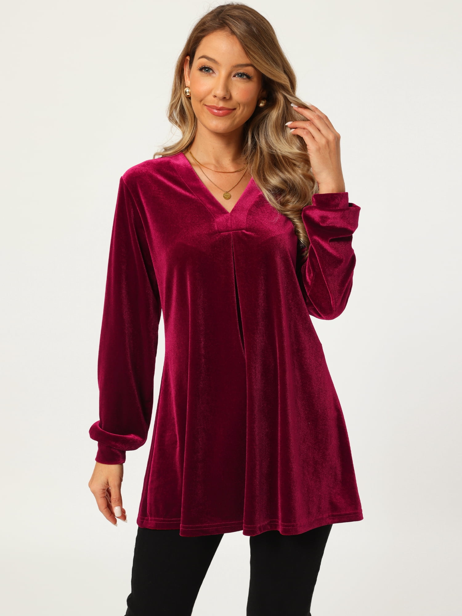 DARING DIVA Women's Velvet Top V Neck Long Sleeves Loose Blouse L Red