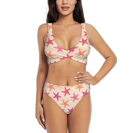 Zeuib Starfish High Waisted Tummy Control Bikini Set - Knot Front Push Up Top & Cheeky Thong Bottom  Two-Piece Swimsuit for Women-X-Large